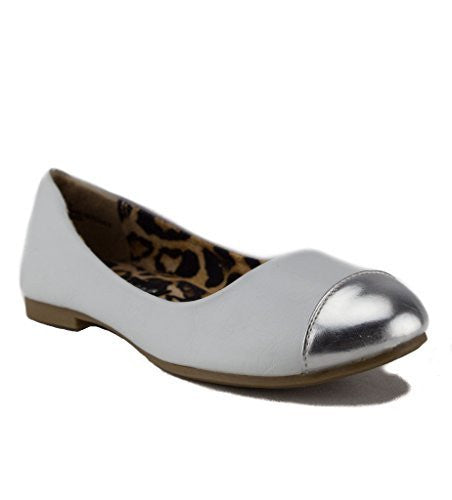 Girls Leatherette Silver Cap Toe  Slip On Flats  White & Silver For Sale