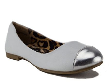 Girls Leatherette Silver Cap Toe  Slip On Flats  White & Silver For Sale