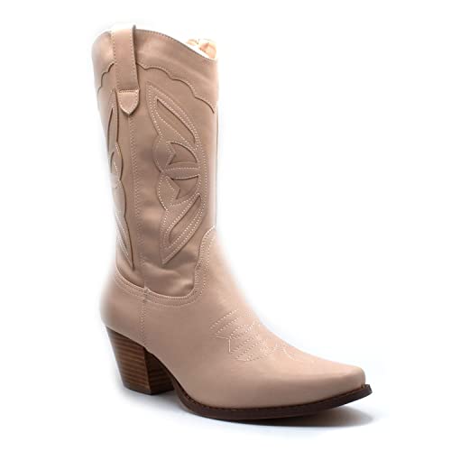 Western Cowboy Boots for Women - Calf High Tall Cowgirl Boot, Low Chunky Heel Botas Fashion