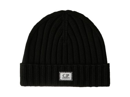 CP Company Extra Fine Merino Wool Logo Beanie Black For Sale