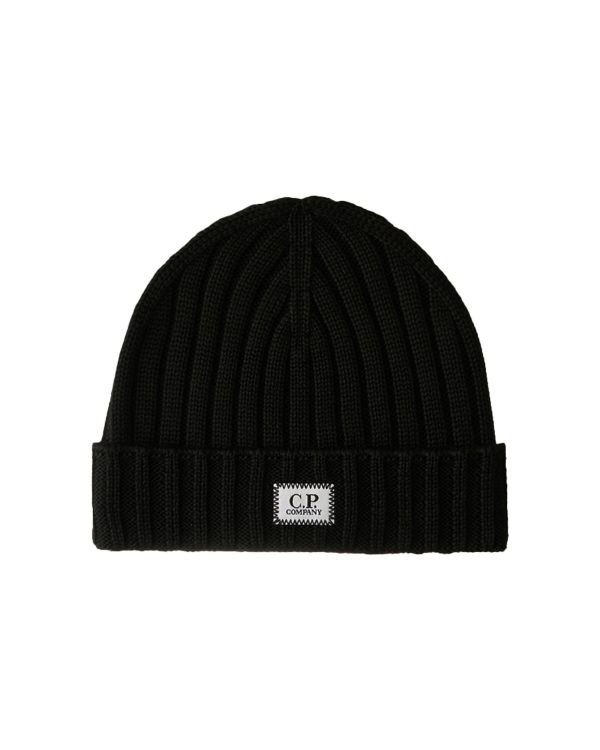 CP Company Extra Fine Merino Wool Logo Beanie Black For Sale