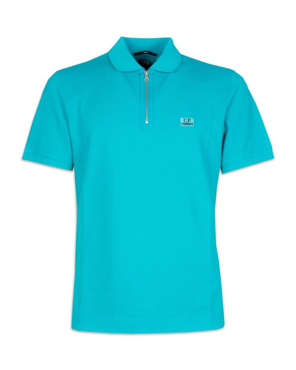 Polo Uomo CP Company Stretch Piquet Slim Zipped Polo Shirt Tile Blue Online Hot Sale